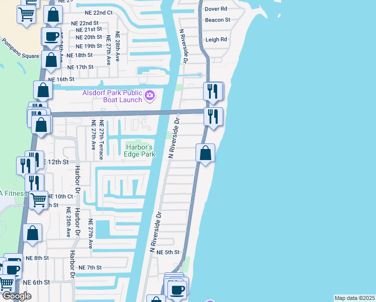 map of restaurants, bars, coffee shops, grocery stores, and more near 3249 Northeast 10th Street in Pompano Beach