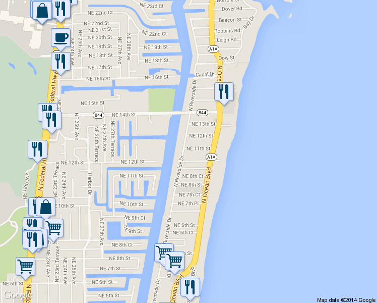 map of restaurants, bars, coffee shops, grocery stores, and more near 1000 North Riverside Drive in Pompano Beach