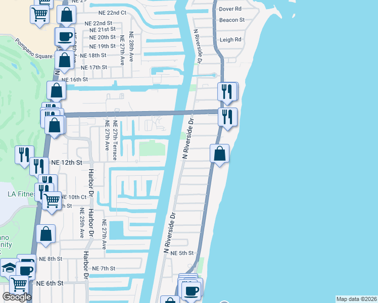 map of restaurants, bars, coffee shops, grocery stores, and more near 1000 North Riverside Drive in Pompano Beach