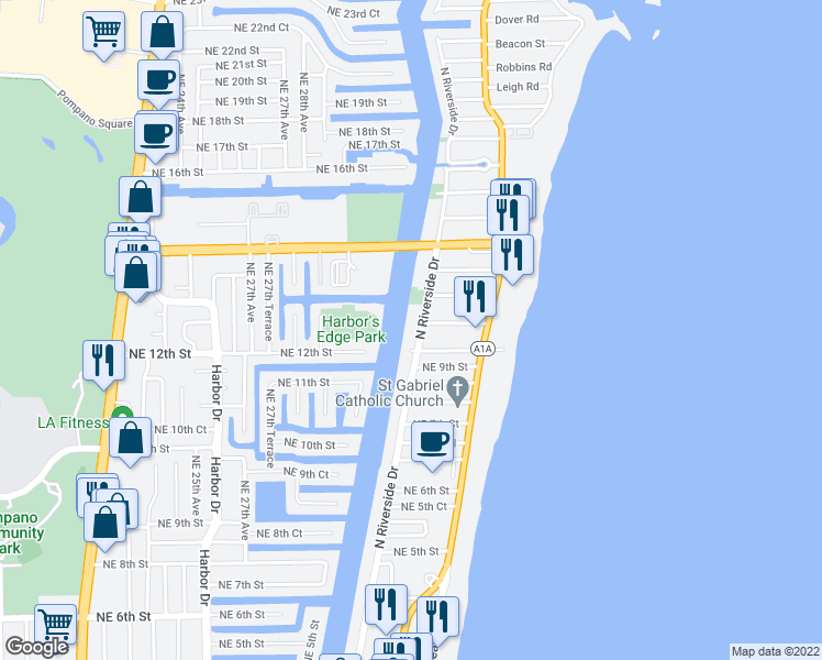 map of restaurants, bars, coffee shops, grocery stores, and more near 1000 North Riverside Drive in Pompano Beach