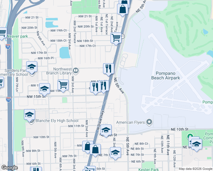 map of restaurants, bars, coffee shops, grocery stores, and more near 110 Northwest 15th Court in Pompano Beach