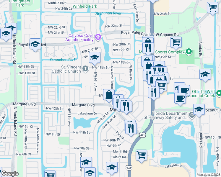 map of restaurants, bars, coffee shops, grocery stores, and more near 6222 Northwest 15th Court in Margate