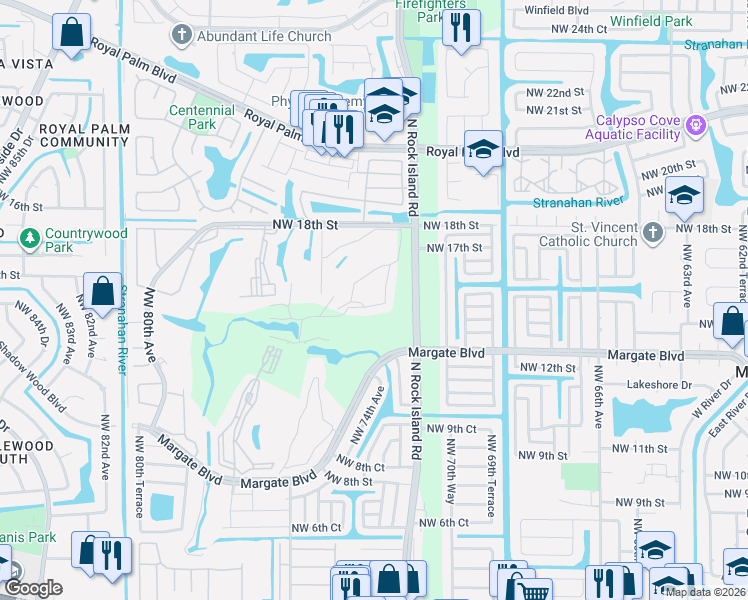 map of restaurants, bars, coffee shops, grocery stores, and more near 7340 Northwest 18th Street in Margate