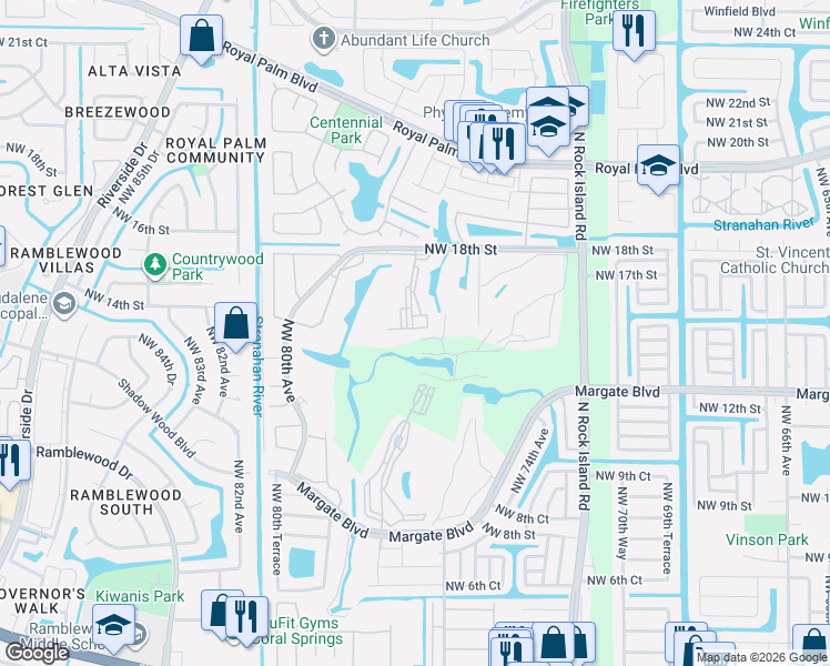 map of restaurants, bars, coffee shops, grocery stores, and more near 7640 Northwest 18th Street in Margate