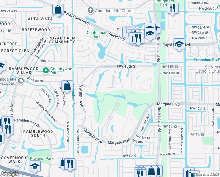 map of restaurants, bars, coffee shops, grocery stores, and more near 7684 Northwest 18th Street in Margate