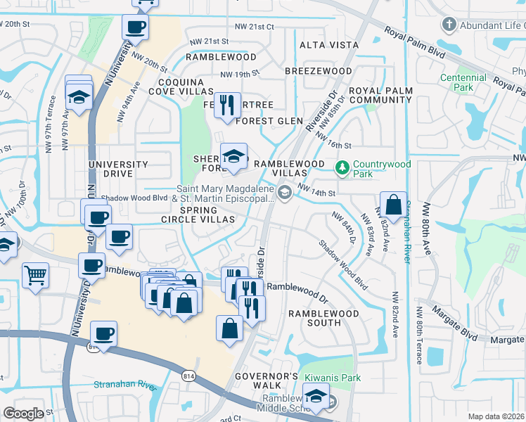 map of restaurants, bars, coffee shops, grocery stores, and more near in Coral Springs