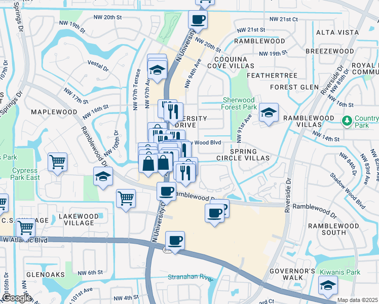 map of restaurants, bars, coffee shops, grocery stores, and more near 1343 Northwest 94th Way in Coral Springs