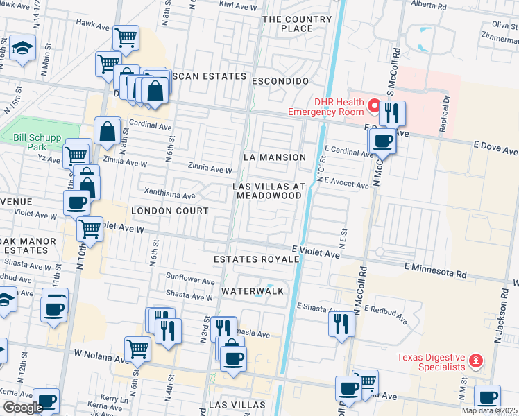 map of restaurants, bars, coffee shops, grocery stores, and more near 132 Xanthisma Avenue in McAllen