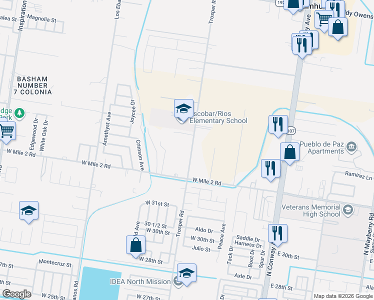 map of restaurants, bars, coffee shops, grocery stores, and more near 905 Cheril Road in Mission