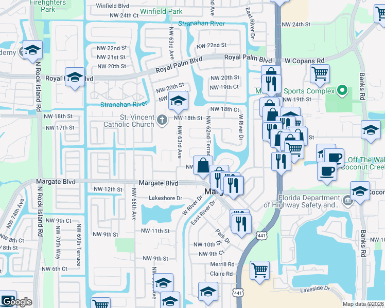 map of restaurants, bars, coffee shops, grocery stores, and more near 6253 Northwest 15th Court in Margate