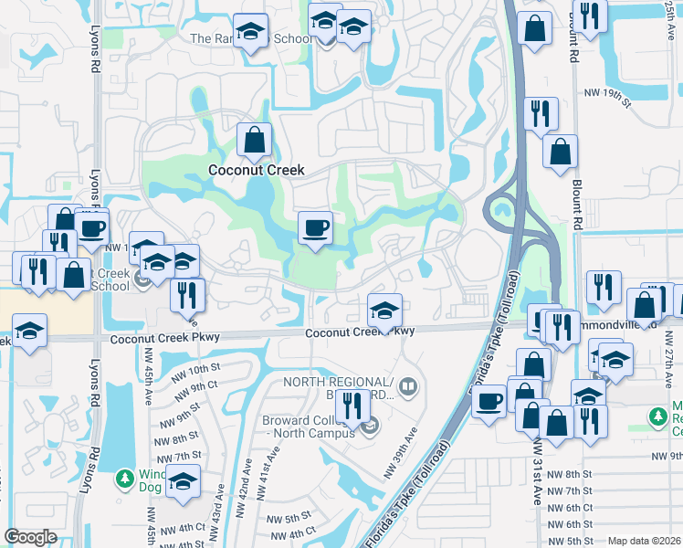 map of restaurants, bars, coffee shops, grocery stores, and more near 4801 Martinique Place in Coconut Creek