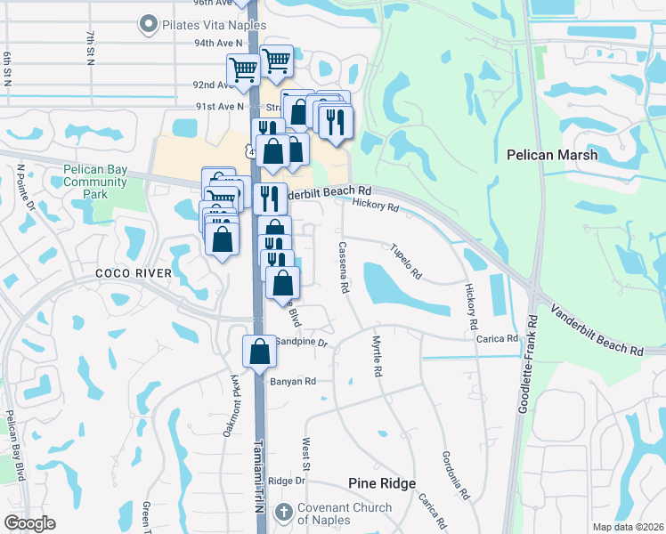 map of restaurants, bars, coffee shops, grocery stores, and more near 800m Meadowland Drive in Naples