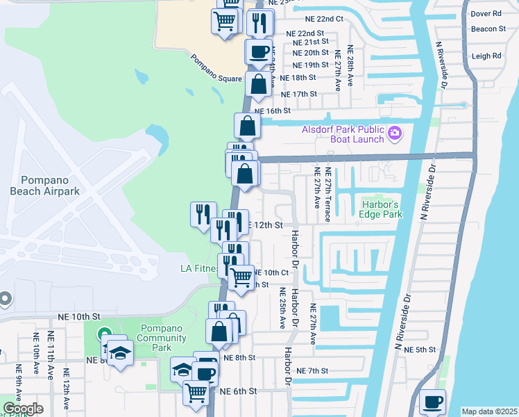 map of restaurants, bars, coffee shops, grocery stores, and more near 1211 Northeast 23rd Avenue in Pompano Beach