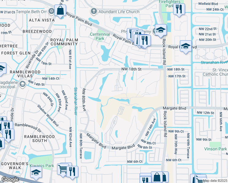 map of restaurants, bars, coffee shops, grocery stores, and more near 7684 Northwest 18th Street in Margate