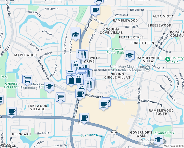 map of restaurants, bars, coffee shops, grocery stores, and more near 1343 Northwest 94th Way in Coral Springs
