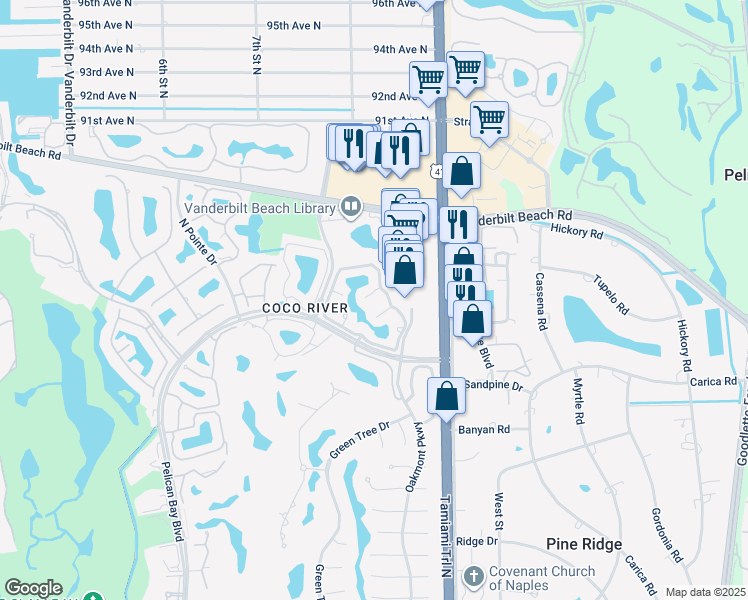 map of restaurants, bars, coffee shops, grocery stores, and more near 8585 Pelican Bay Boulevard in Naples