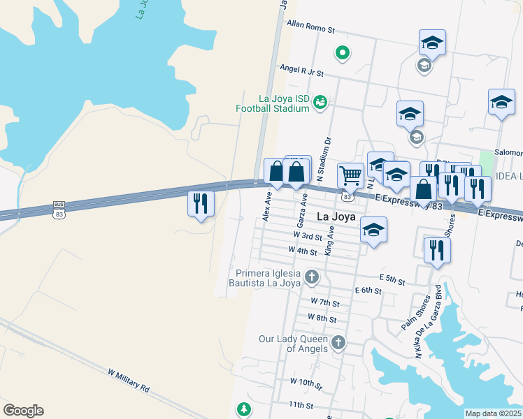 map of restaurants, bars, coffee shops, grocery stores, and more near 341 West 2nd Street in La Joya
