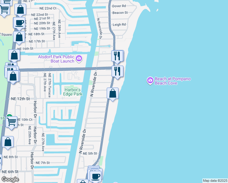 map of restaurants, bars, coffee shops, grocery stores, and more near 1012 North Ocean Boulevard in Pompano Beach