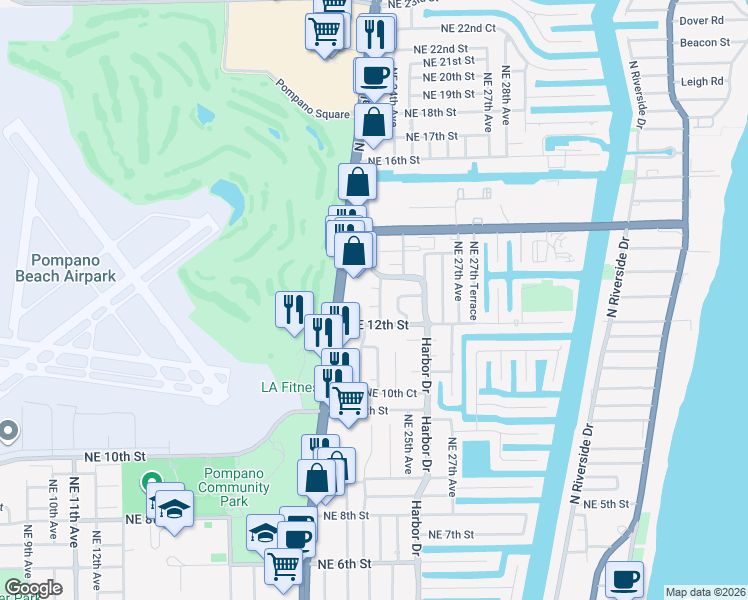 map of restaurants, bars, coffee shops, grocery stores, and more near 1211 Northeast 23rd Avenue in Pompano Beach