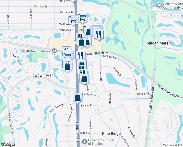 map of restaurants, bars, coffee shops, grocery stores, and more near 823 Meadowland Drive in Naples