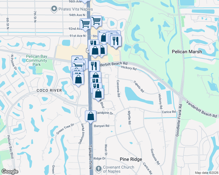 map of restaurants, bars, coffee shops, grocery stores, and more near 800m Meadowland Drive in Naples