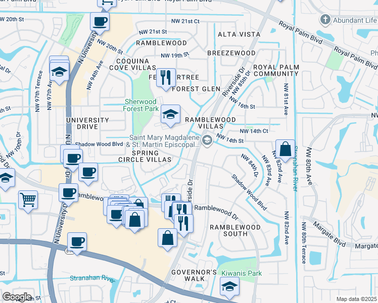 map of restaurants, bars, coffee shops, grocery stores, and more near in Coral Springs