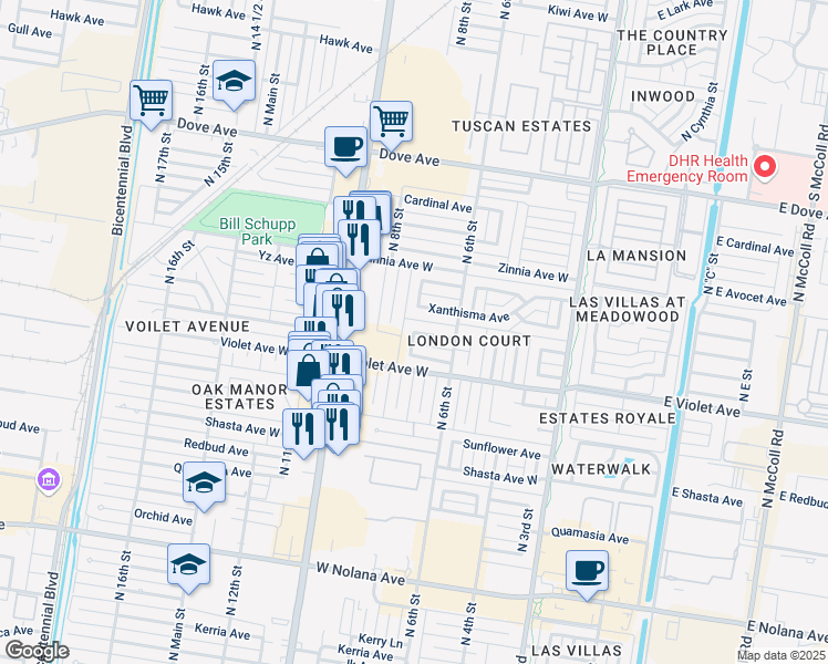 map of restaurants, bars, coffee shops, grocery stores, and more near 799 Wisteria Avenue in McAllen