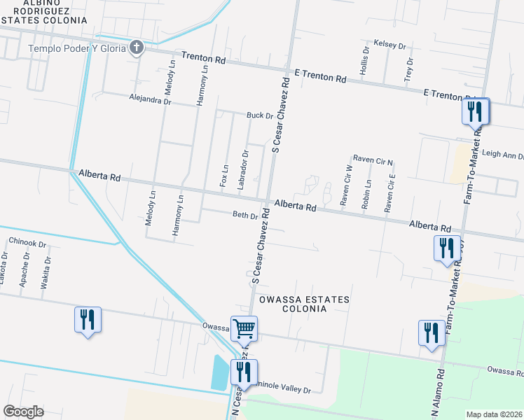 map of restaurants, bars, coffee shops, grocery stores, and more near 4406 Beth Drive in Edinburg