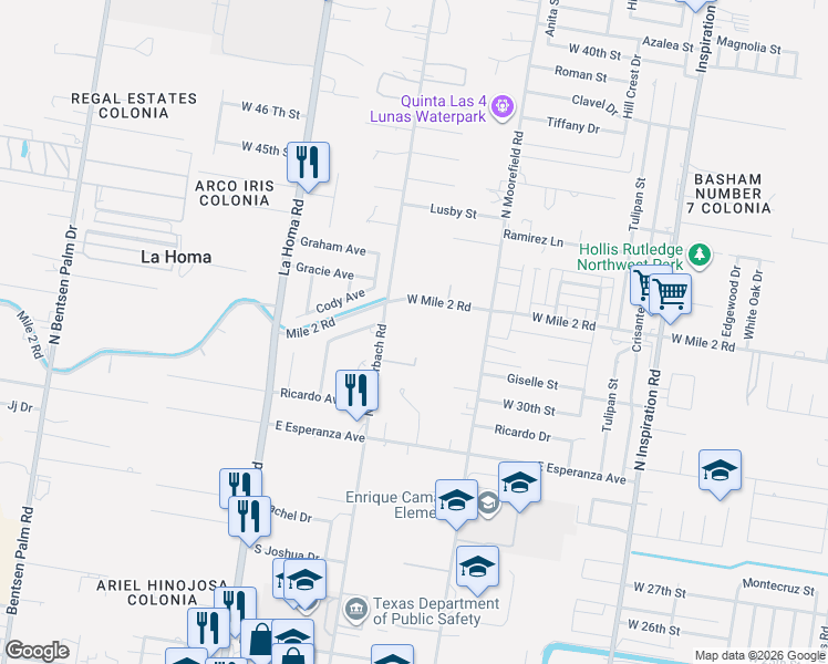 map of restaurants, bars, coffee shops, grocery stores, and more near 3512 North Shuerbach Road in Mission