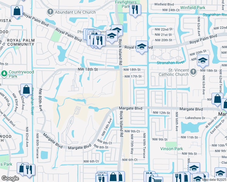 map of restaurants, bars, coffee shops, grocery stores, and more near 7340 Northwest 18th Street in Margate