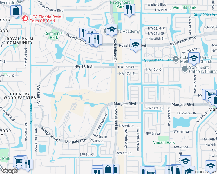 map of restaurants, bars, coffee shops, grocery stores, and more near 7340 Northwest 18th Street in Margate