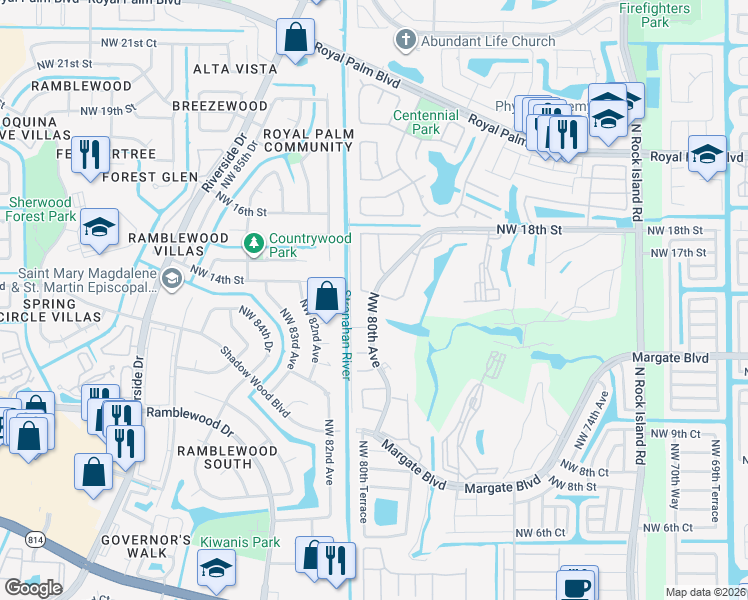 map of restaurants, bars, coffee shops, grocery stores, and more near 1415 Northwest 80th Avenue in Margate
