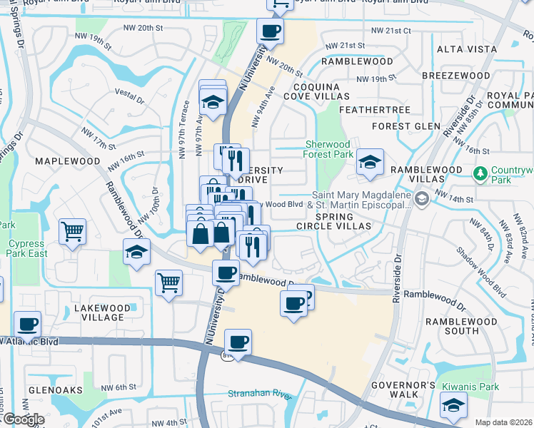 map of restaurants, bars, coffee shops, grocery stores, and more near 1343 Northwest 94th Way in Coral Springs