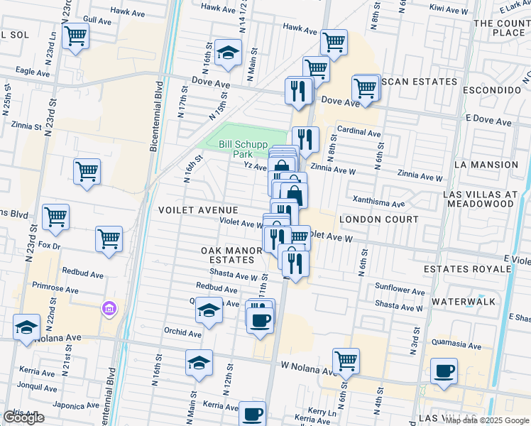 map of restaurants, bars, coffee shops, grocery stores, and more near 1112 Violet Avenue in McAllen