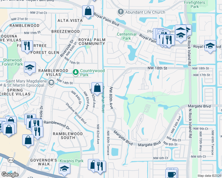 map of restaurants, bars, coffee shops, grocery stores, and more near 1415 Northwest 80th Avenue in Margate