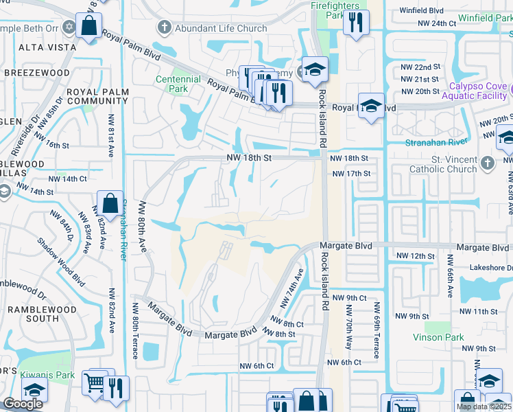 map of restaurants, bars, coffee shops, grocery stores, and more near 7400 Northwest 18th Street in Margate