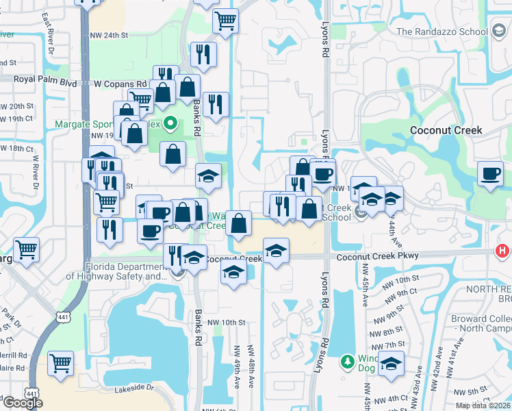 map of restaurants, bars, coffee shops, grocery stores, and more near 4856 Northwest 14th Street in Coconut Creek