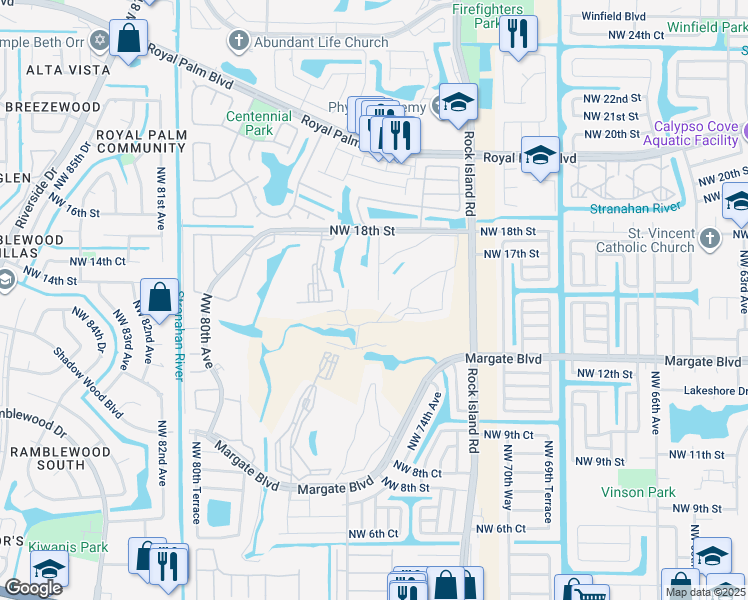 map of restaurants, bars, coffee shops, grocery stores, and more near 7400 Northwest 18th Street in Margate