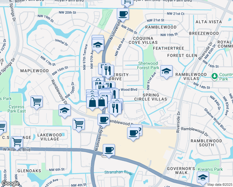 map of restaurants, bars, coffee shops, grocery stores, and more near 1343 Northwest 94th Way in Coral Springs