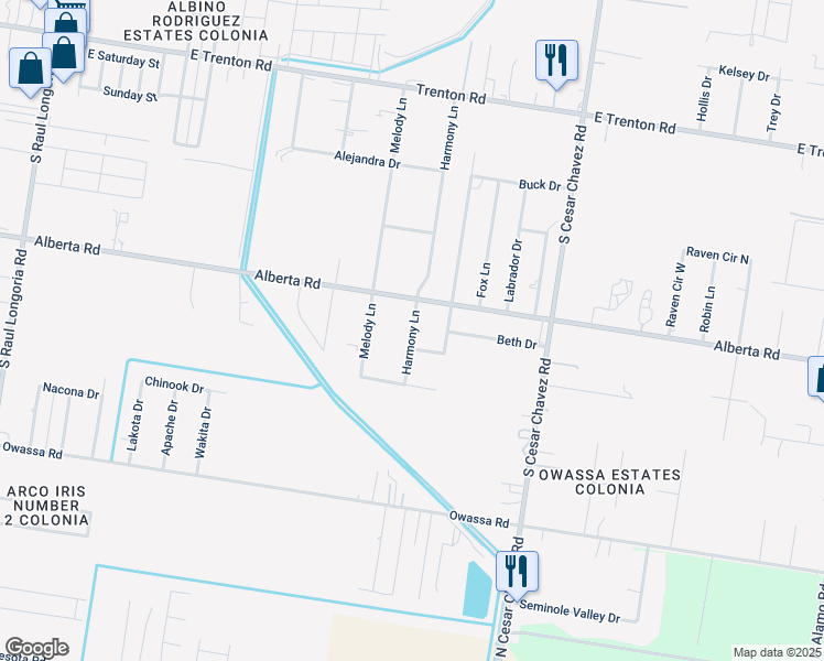 map of restaurants, bars, coffee shops, grocery stores, and more near 5213 Harmony Lane in Edinburg