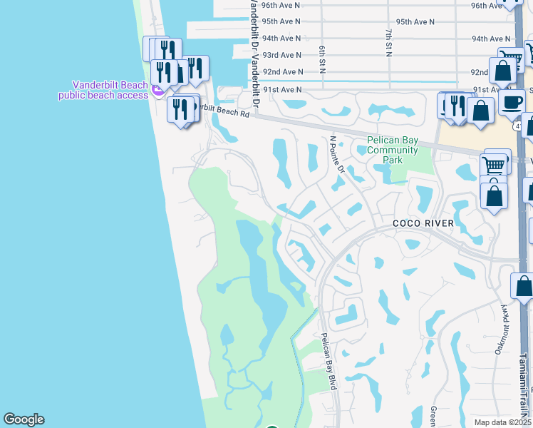 map of restaurants, bars, coffee shops, grocery stores, and more near 8990 Bay Colony Drive in Naples