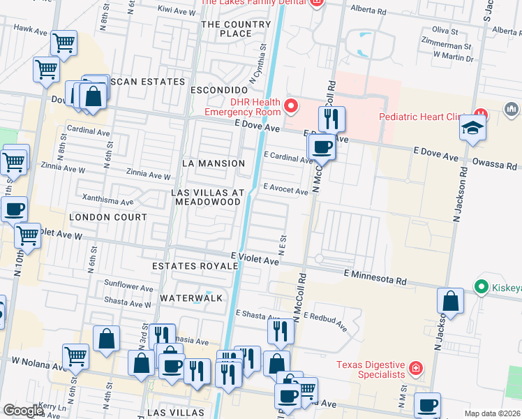map of restaurants, bars, coffee shops, grocery stores, and more near 412 East Yarrow Avenue in McAllen