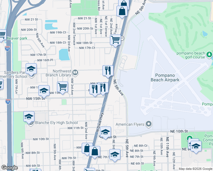 map of restaurants, bars, coffee shops, grocery stores, and more near 110 Northwest 15th Court in Pompano Beach