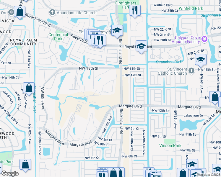 map of restaurants, bars, coffee shops, grocery stores, and more near 7340 Northwest 18th Street in Margate