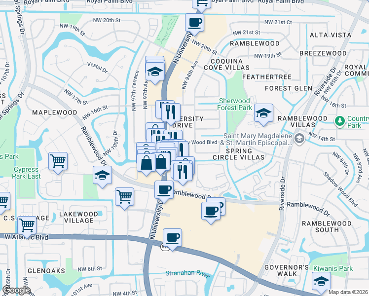 map of restaurants, bars, coffee shops, grocery stores, and more near 1343 Northwest 94th Way in Coral Springs