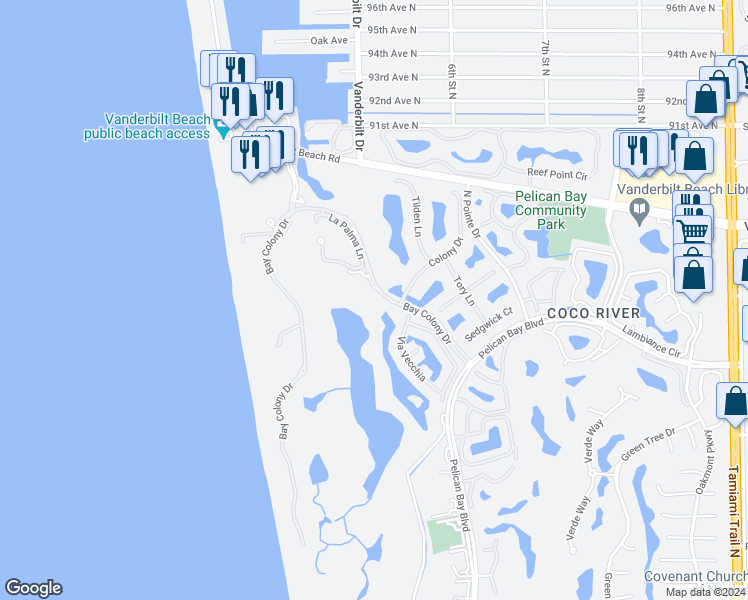 map of restaurants, bars, coffee shops, grocery stores, and more near 8201 Via Vecchia in Naples