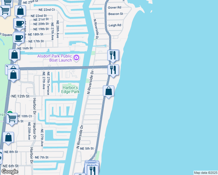 map of restaurants, bars, coffee shops, grocery stores, and more near 1012 North Ocean Boulevard in Pompano Beach