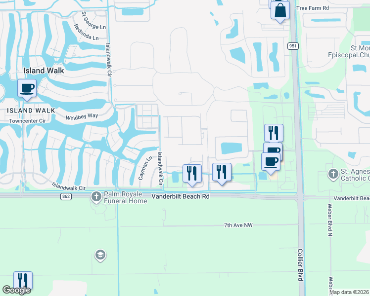 map of restaurants, bars, coffee shops, grocery stores, and more near 7069 Venice Way in Naples
