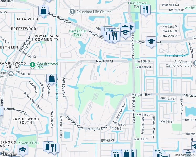 map of restaurants, bars, coffee shops, grocery stores, and more near 7610 Northwest 18th Street in Margate
