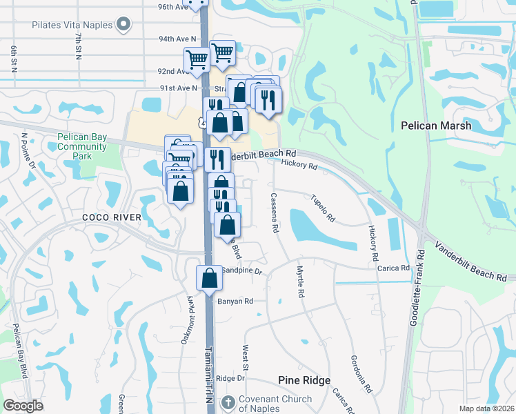 map of restaurants, bars, coffee shops, grocery stores, and more near 820 Meadowland Drive in Naples